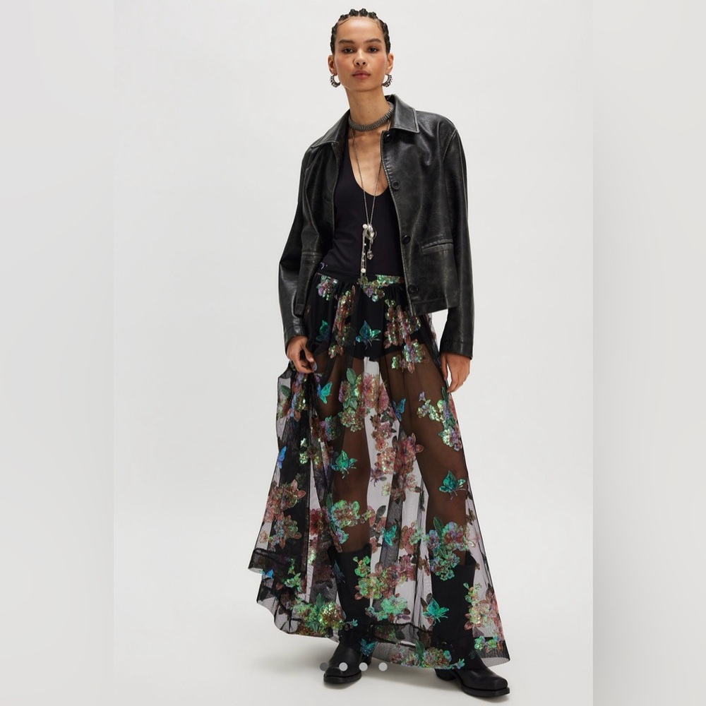 Free People Fioritura Butterfly Sequin Embroidered Maxi Skirt NWT 🔖
